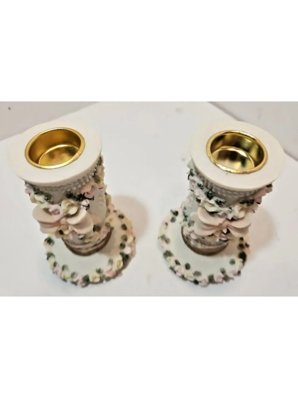Pair of Sculpted Flower and Bows Ceramic Candlestick Holders Pastels Weddings